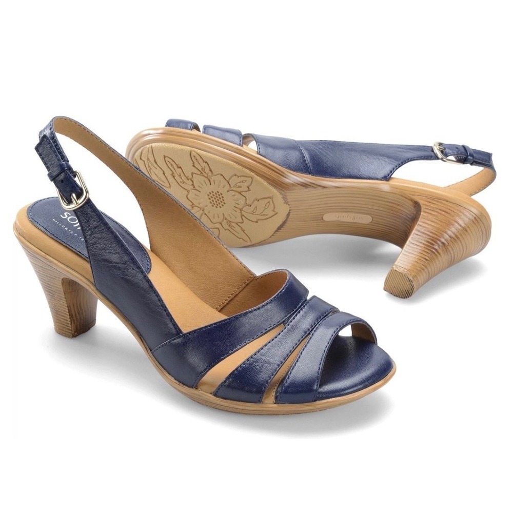 NWOT Softspots Neima Leather Slingback Heels Peep Toe Womens Size 7.5W Navy